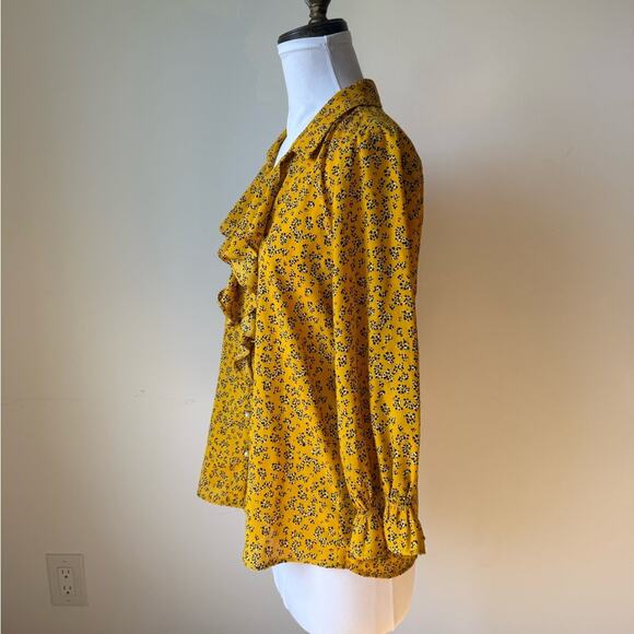 KARL LAGERFELD PARIS YELLOW PATTERN RUFFLE PEARL BUTTON 3/4 SLEEVE BLOUSE SMALL - Picture 4 of 9